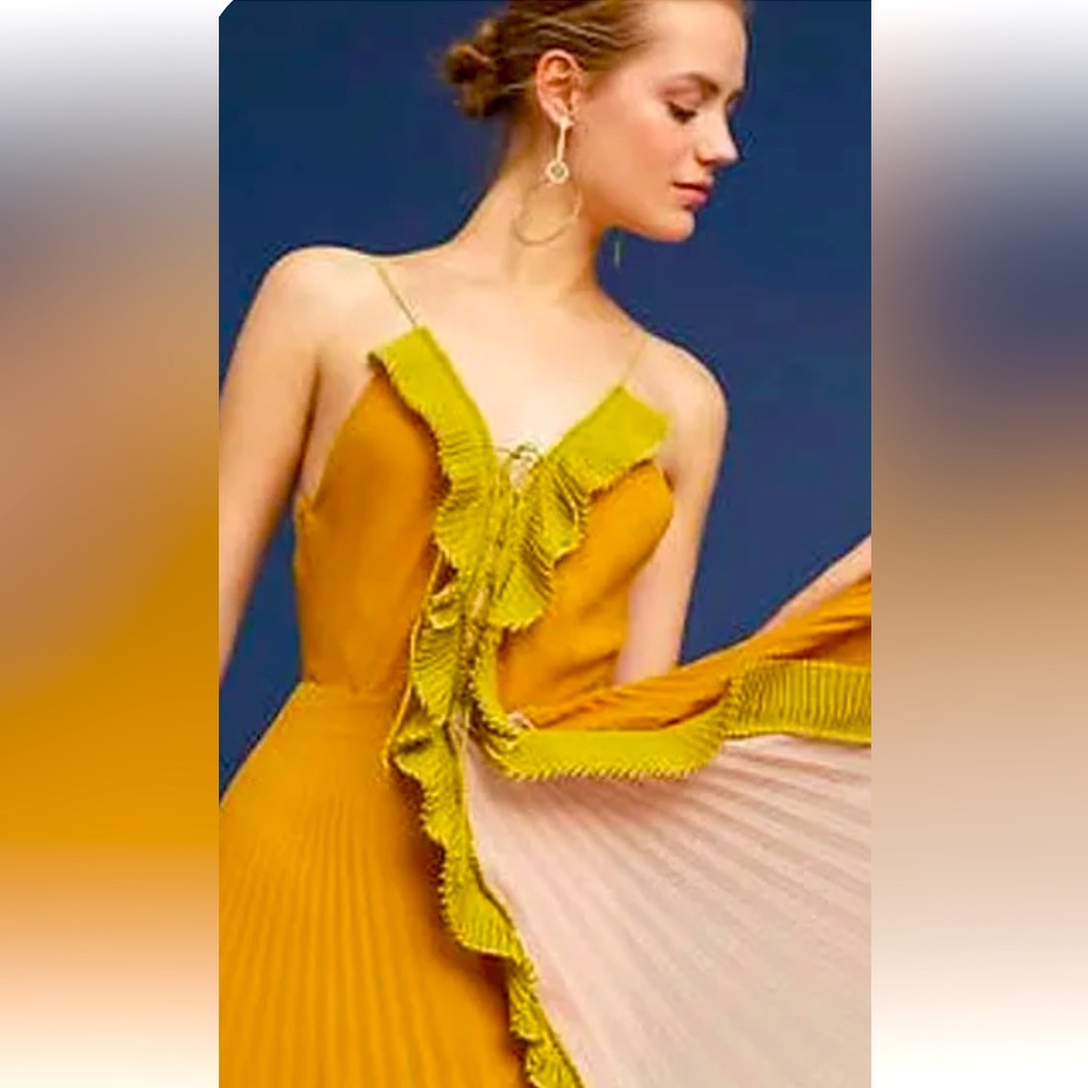 NWT Delfi Collective yellow green pleat ruffle lace up midi dress size small